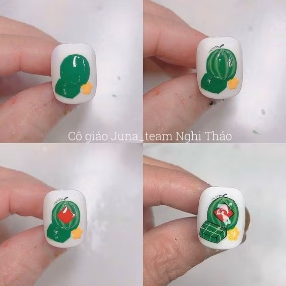 Tiếp nối những ý tưởng sáng tạo độc đáo, mẫu nail lấy cảm hứng từ "linh hồn" mâm cỗ Tết là Bánh Chưng và Dưa Hấu đang trở thành trào lưu khiến cộng đồng mạng thích thú.