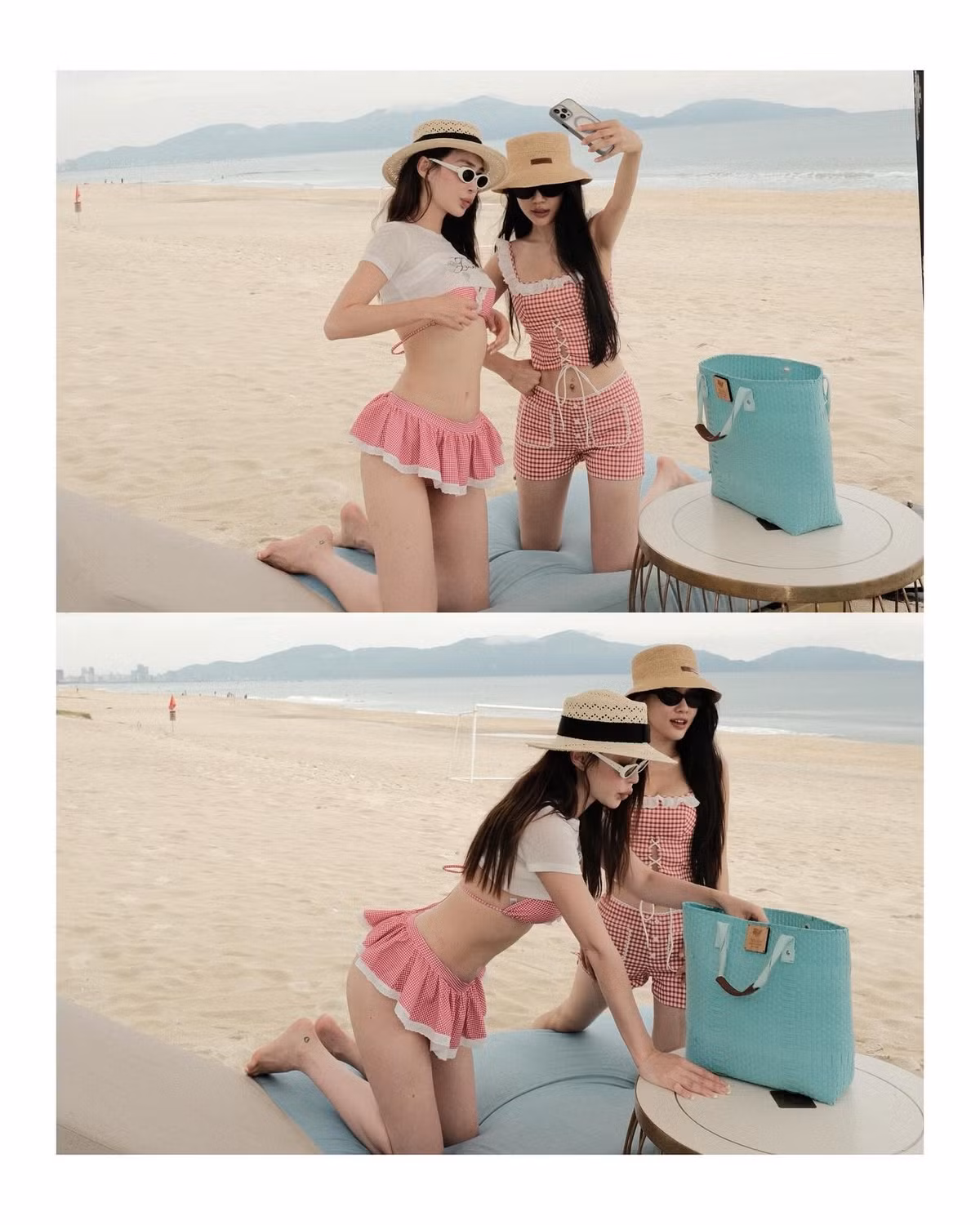 Cô nàng cũng khéo léo phối hợp với phụ kiện như mũ cói, kính râm sành điệu và túi xách tote màu xanh ngọc, tạo nên những set đồ đi biển cực kỳ hút mắt.