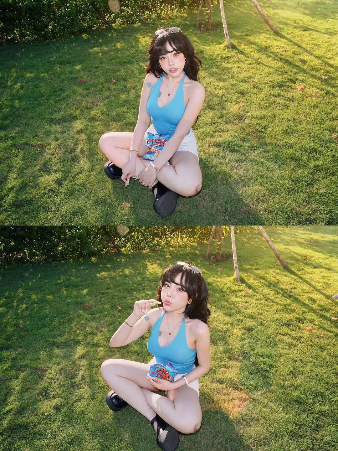 Ánh nắng chiều len lỏi qua tán cây, nhuộm một màu vàng cam ấm áp lên mái tóc đen dài bồng bềnh và gương mặt khả ái của cô. (Ảnh: IGNV)