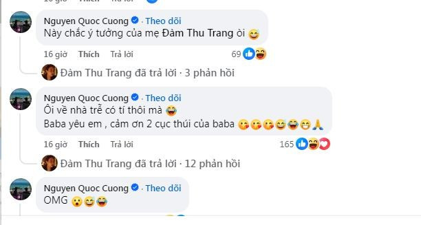 Loạt tương tác đáng yêu của Cường Đô La phía dưới bài đăng khiến nhiều người vô cùng thích thú. (Ảnh: FB Đàm Thu Trang)