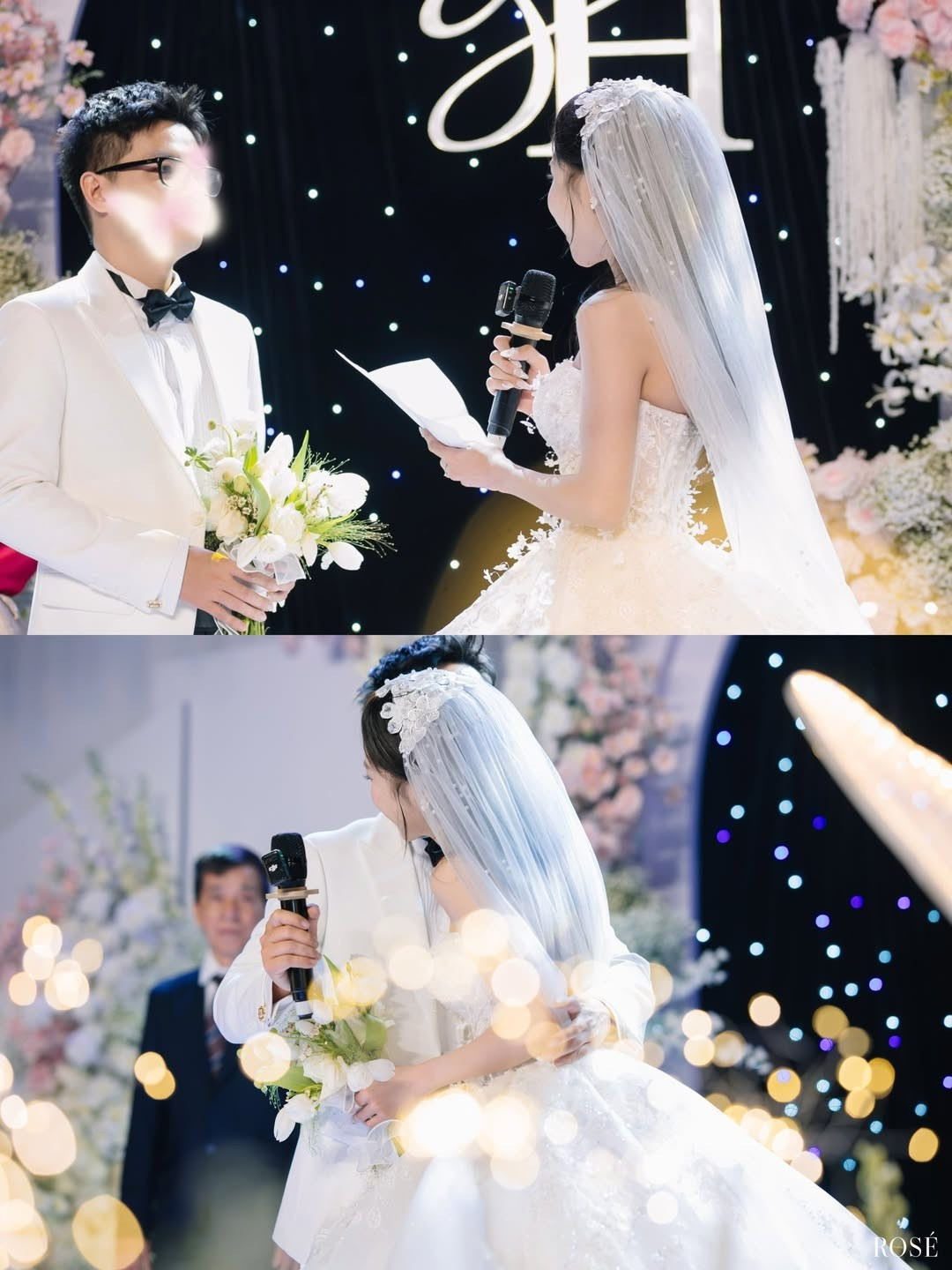 Trong những hình ảnh được chia sẻ, Nắng lộng lẫy trong chiếc váy cưới cúp ngực, tùng xòe bồng bềnh được đính kết ren và hoa nổi tinh xảo. Chiếc khăn voan dài, nhẹ nhàng phủ qua bờ vai, cùng phụ kiện cài tóc hoa ngọc trai, biến cô thành một nàng công chúa bước ra từ truyện cổ tích. (Ảnh: IGNV)