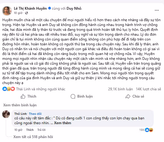 Trước những đồn đoán về việc rạn nứt hôn nhân, tối 22/1, Huyền 2k4 (tên thật: Lê Thị Khánh Huyền, sinh năm 2004) xác nhận trên trang cá nhân rằng đã ly thân Duy Nhỏ (Nguyễn Phạm Anh Duy) và cả hai đang trong quá trình hoàn tất thủ tục ly hôn. (Ảnh: IGNV)