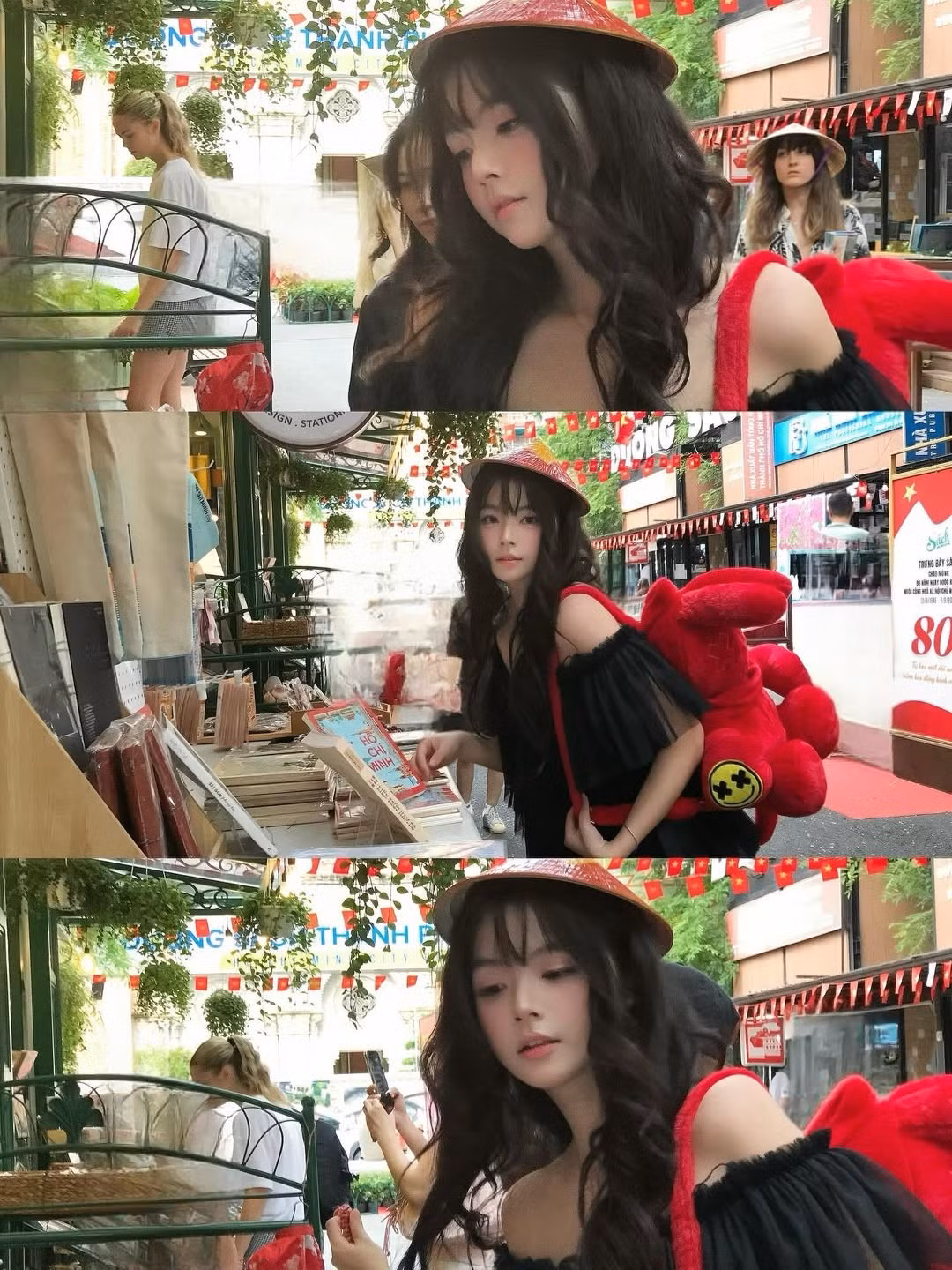 Phía sau cô, không gian được trang trí bằng cờ đỏ sao vàng tạo nên bối cảnh hoàn hảo cho bức ảnh. (Ảnh: @pu_n139)