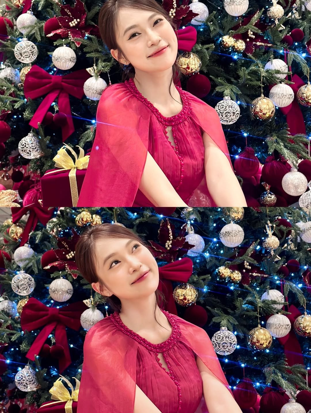 Trong bộ ảnh, Khánh Vy lựa chọn một thiết kế váy dạ hội màu đỏ hồng nồng nàn - màu sắc rất phù hợp với không khí lễ hội cuối năm. (Ảnh: IGNV)