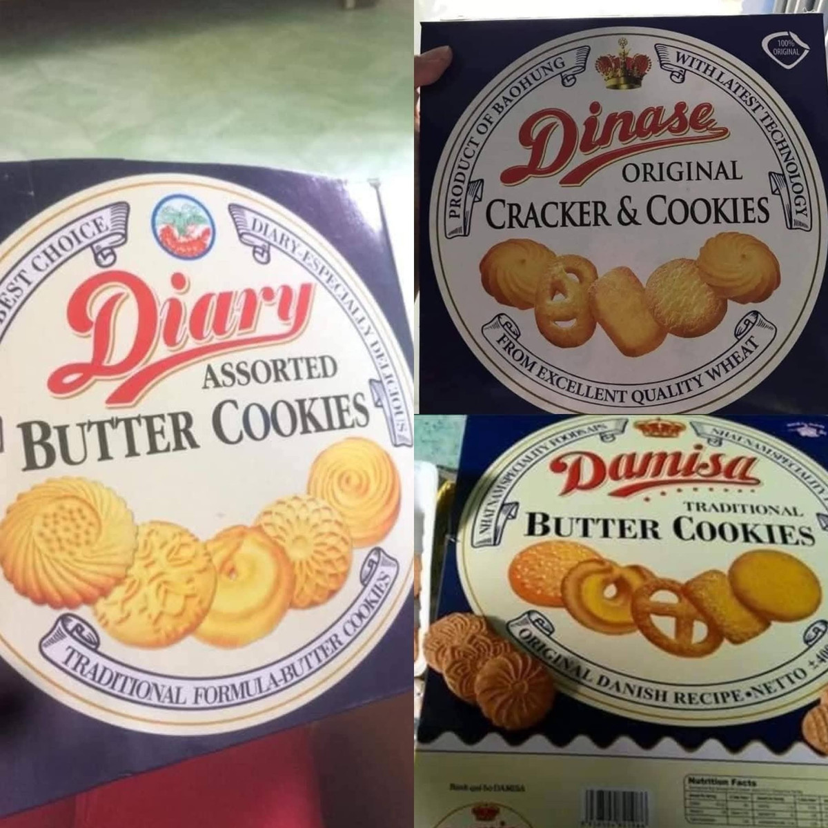 Đặc biệt là dòng bánh quy bơ Danisa – "vua" của các giỏ quà Tết – nay bị biến tấu thành đủ loại từ Damisa, Dinase cho đến Diary hay Dakina.