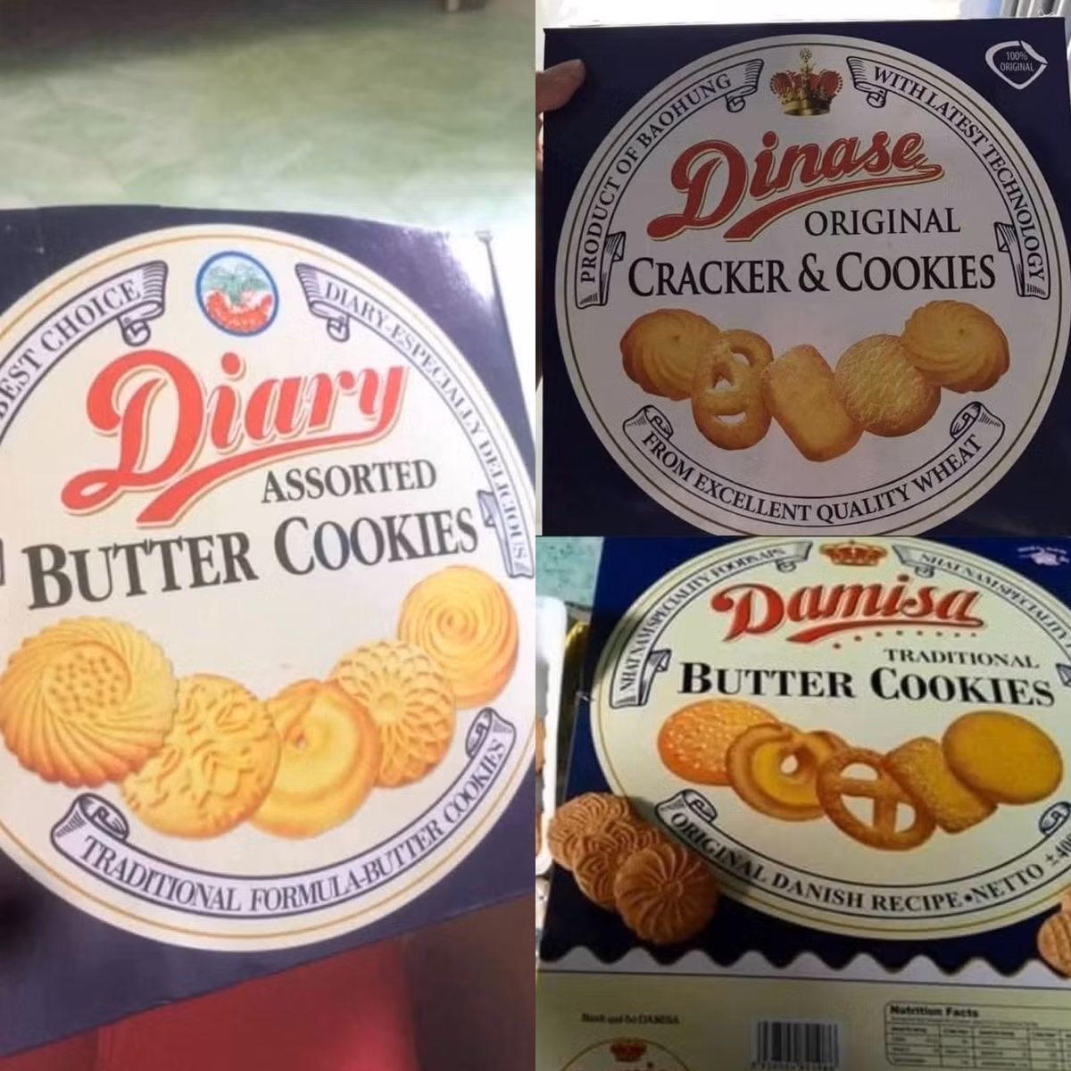 Đặc biệt là dòng bánh quy bơ Danisa – "vua" của các giỏ quà Tết – nay bị biến tấu thành đủ loại từ Damisa, Dinase cho đến Diary hay Dakina.
