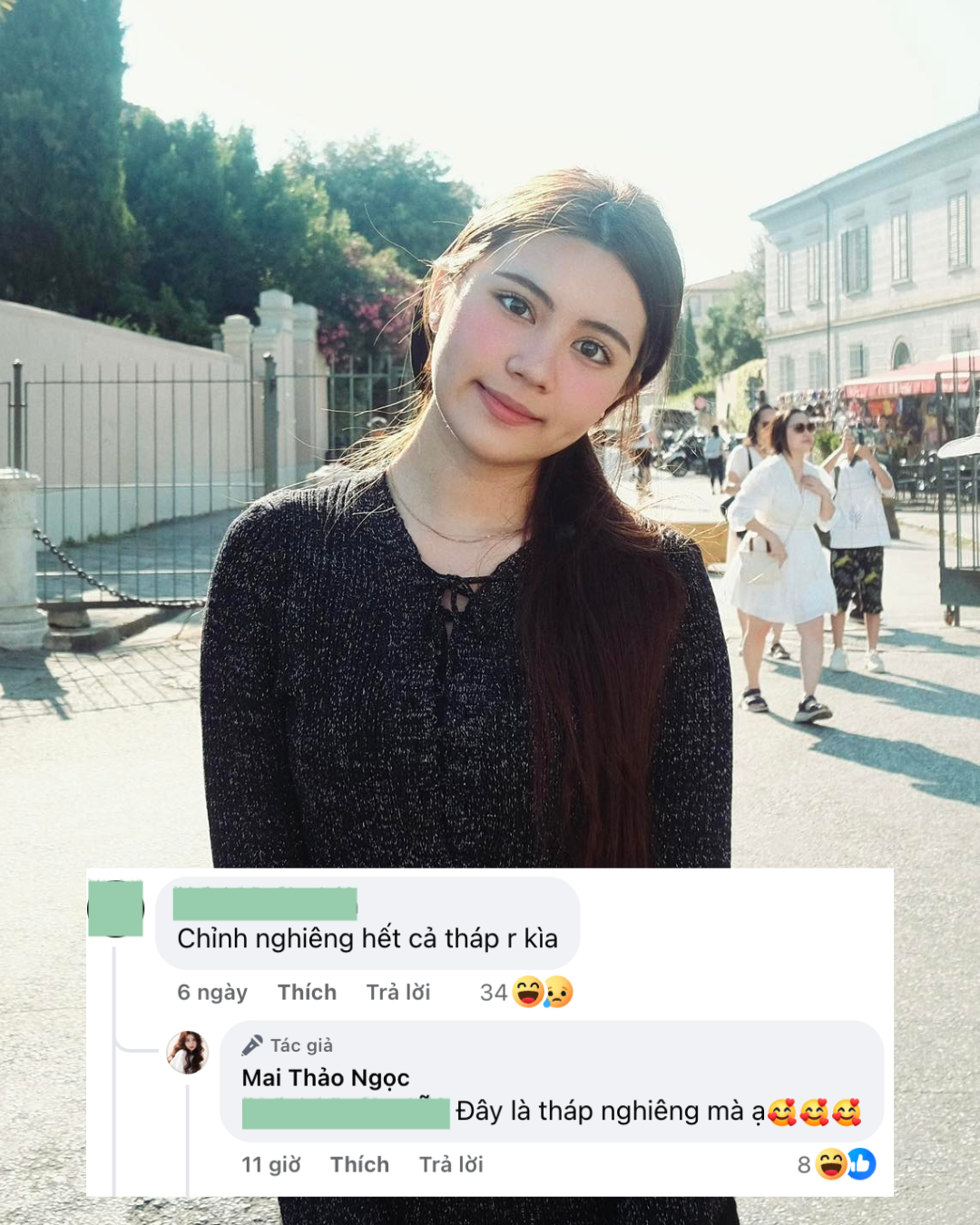 Ở phần bình luận, một cư dân mạng để lại bình luận: "Chỉnh nghiêng hết cả tháp rồi kia". Không né tránh cũng chẳng gay gắt, Hạt Dẻ nhẹ nhàng đáp: "Đây là tháp nghiêng mà ạ". Lời đáp trả của Hạt Dẻ không giải thích nhiều nhưng đủ khiến đối phương phải "xịt keo".