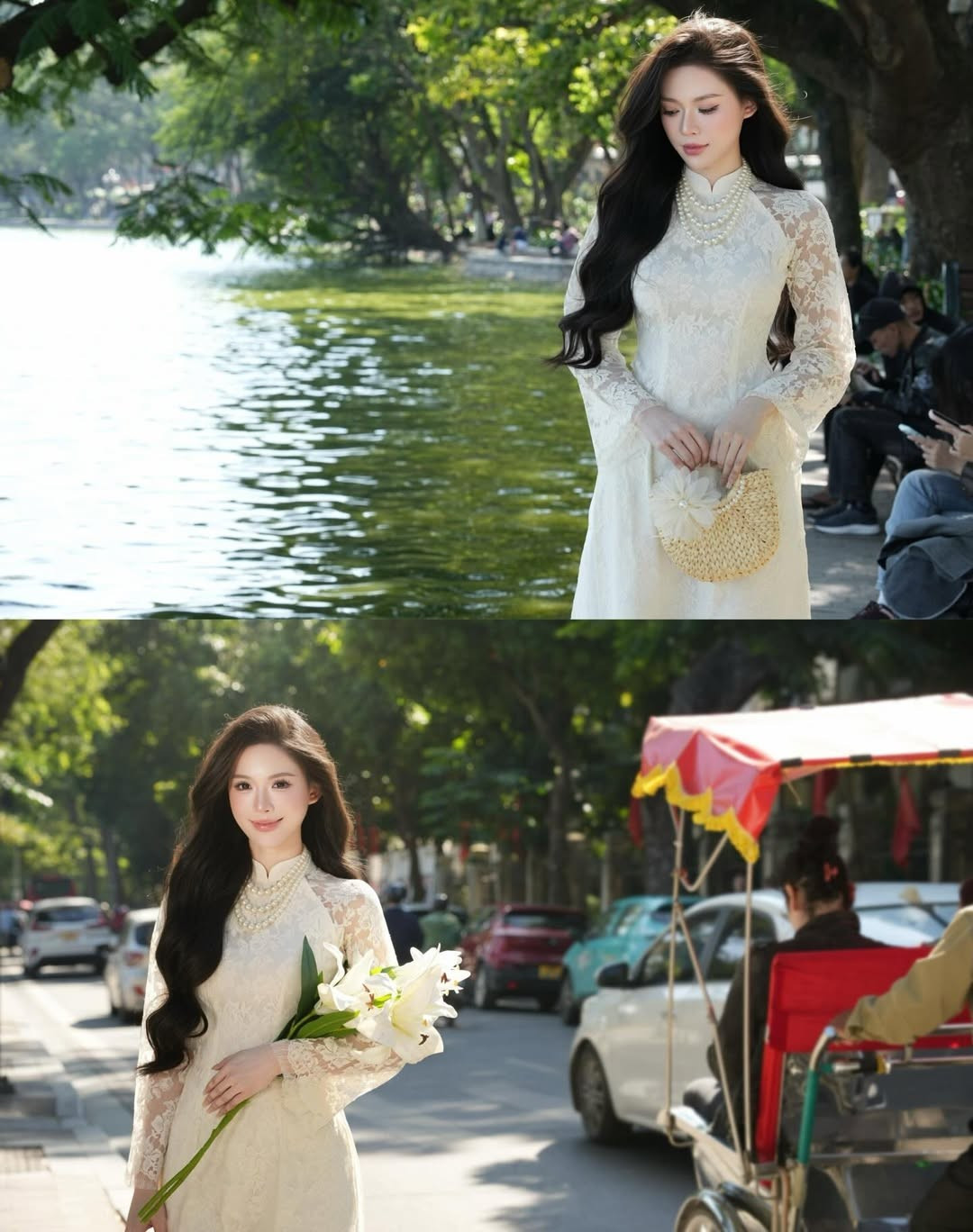 Thiết kế áo dài từ chất liệu ren, phần cổ áo dài truyền thống được kết hợp với chuỗi ngọc trai nhiều tầng, mang đến một điểm nhấn vừa quý phái, vừa hiện đại. (Ảnh: IGNV)