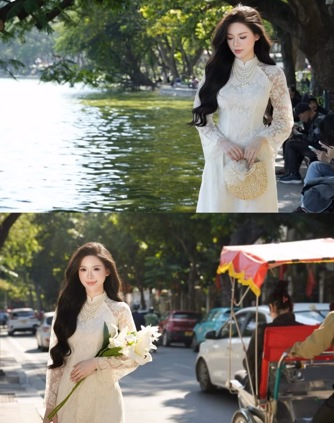 Thiết kế áo dài từ chất liệu ren, phần cổ áo dài truyền thống được kết hợp với chuỗi ngọc trai nhiều tầng, mang đến một điểm nhấn vừa quý phái, vừa hiện đại. (Ảnh: IGNV)