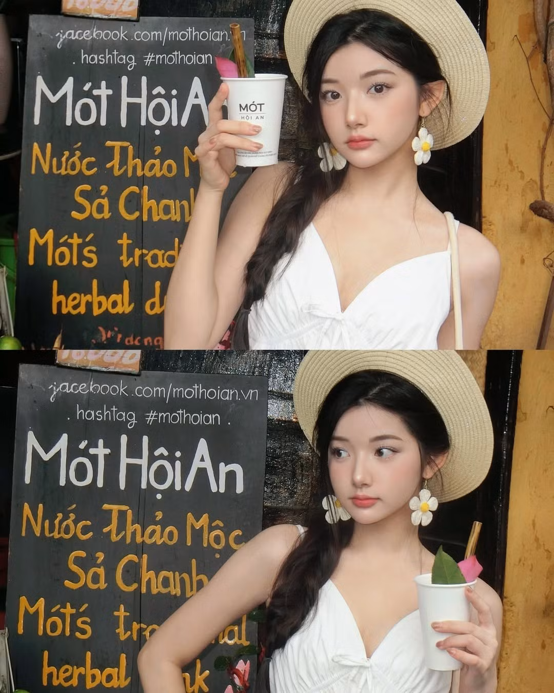 Điểm nhấn là mái tóc tết lệch mềm mại, đôi hoa tai dáng lớn và chiếc túi cói đậm chất mùa hè – tất cả hòa quyện trong khung cảnh Hội An ngập nắng và hoa, khiến cô nàng như một nàng thơ trong truyện tranh.
