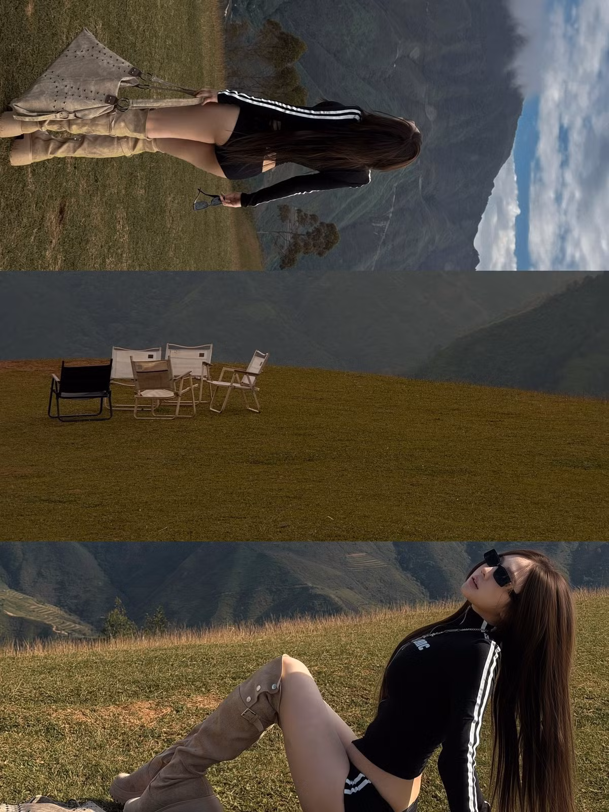 Loạt ảnh được Linh Hương chia sẻ nhanh chóng thu hút sự chú ý. Trong bối cảnh là một ngọn đồi xanh mướt, phía xa là những dãy núi non hùng vĩ và bầu trời mây trắng lãng mạn, Trần Linh Hương nổi bật với phong cách thời trang năng động nhưng không kém phần gợi cảm. (Ảnh: FBNV)