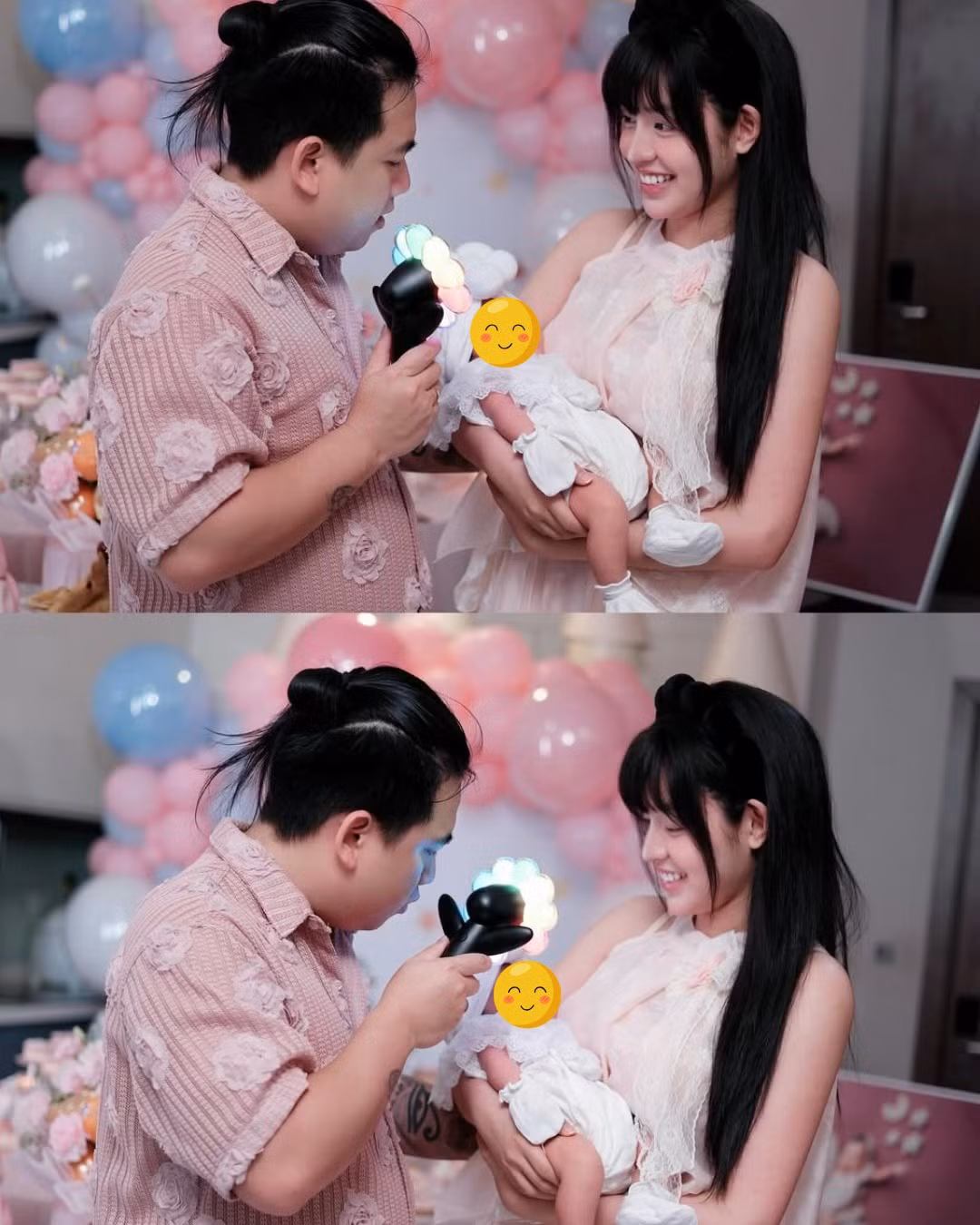 Cặp đôi diện trang phục ton-sur-ton với bữa tiệc. Mai Thiên Ân diện chiếc áo sơ mi màu hồng với họa tiết hoa nổi vừa lịch sự, vừa trẻ trung. (Ảnh: IGNV)