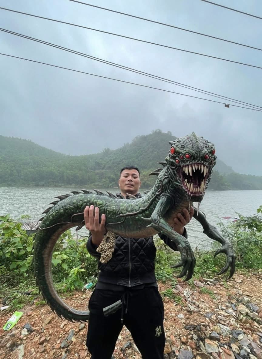 Tuy nhiên, không dừng lại ở cá, nam thanh niên bỗng chốc trở thành thợ săn quái vật khi tay đang bế một con rồng đất hung tợn...