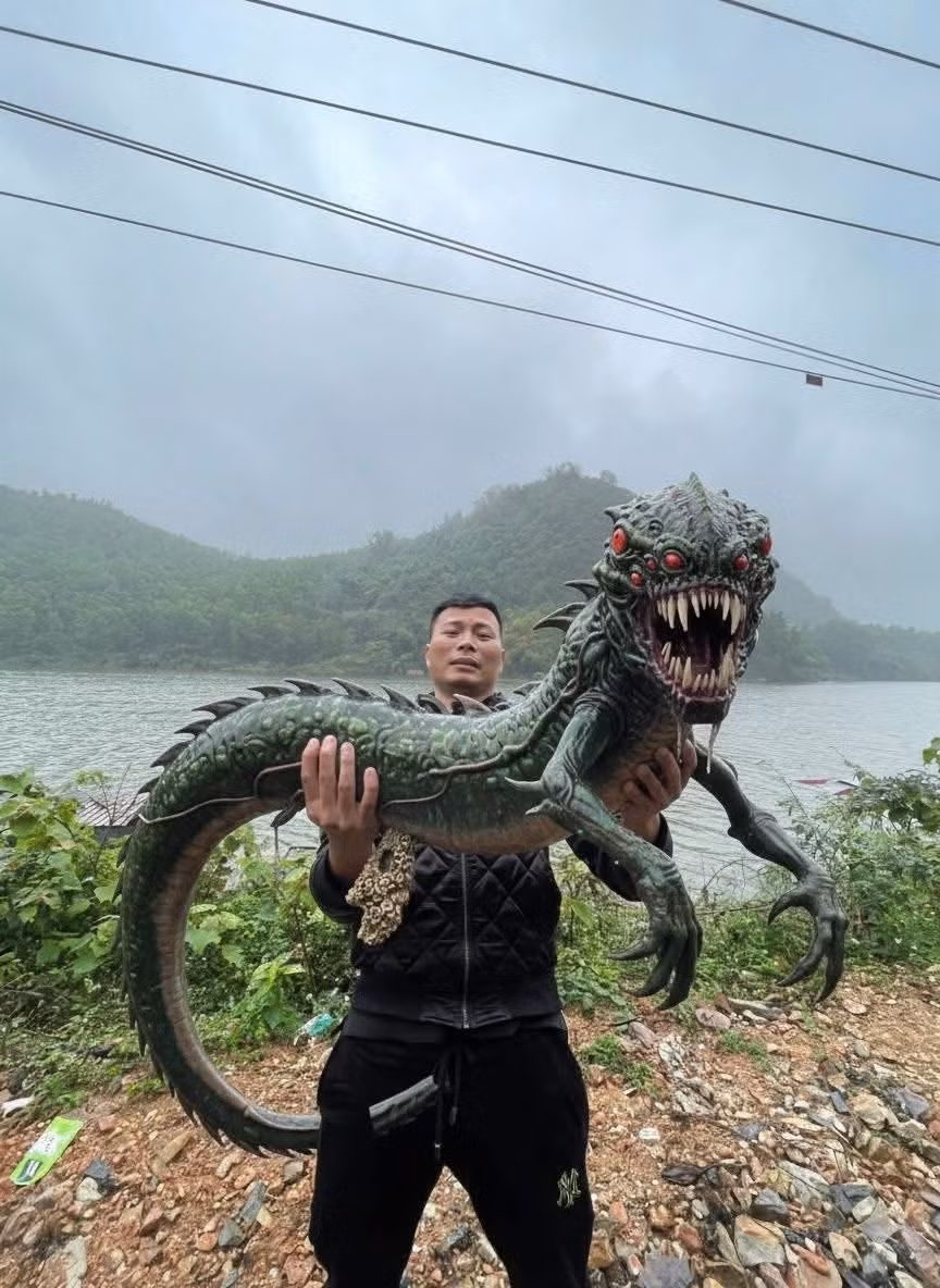 Tuy nhiên, không dừng lại ở cá, nam thanh niên bỗng chốc trở thành thợ săn quái vật khi tay đang bế một con rồng đất hung tợn...