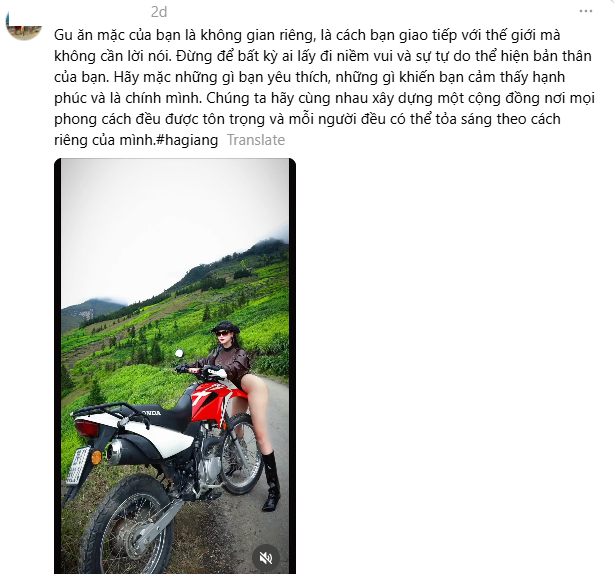 Cô gái cũng đã chia sẻ quan điểm của mình trong bài đăng trên trang cá nhân, nhấn mạnh thông điệp về sự tự tin và thoải mái trong trang phục: “Gu ăn mặc của bạn không là không gian riêng, là cách bạn giao tiếp với thế giới mà không cần lời nói. Đừng để bất kỳ ai lấy đi niềm vui và sự tự do thể hiện bản thân của bạn.”