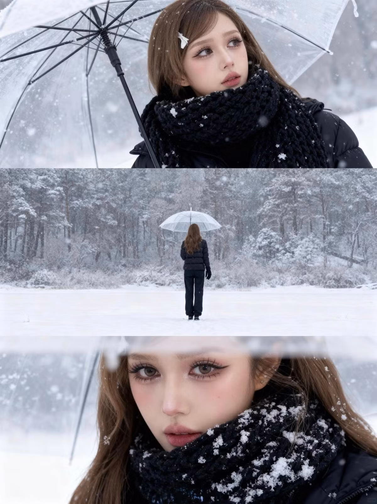 Chiếc kẹp tóc hình nơ trắng nhỏ nhắn cài trên mái tóc nâu dài lượn sóng càng làm tăng thêm vẻ đáng yêu, tinh nghịch, khiến người xem liên tưởng đến những nàng công chúa bước ra từ truyện cổ tích giữa trời tuyết. (Ảnh: FBNV)