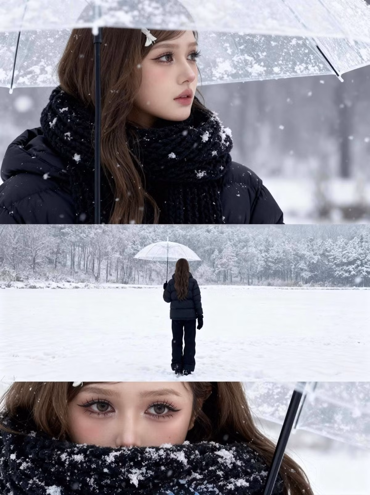 Một số bức ảnh còn có sự xuất hiện của chiếc ô trong suốt, tạo nên những khuôn hình đậm chất điện ảnh, lãng mạn và đầy suy tư. (Ảnh: FBNV)