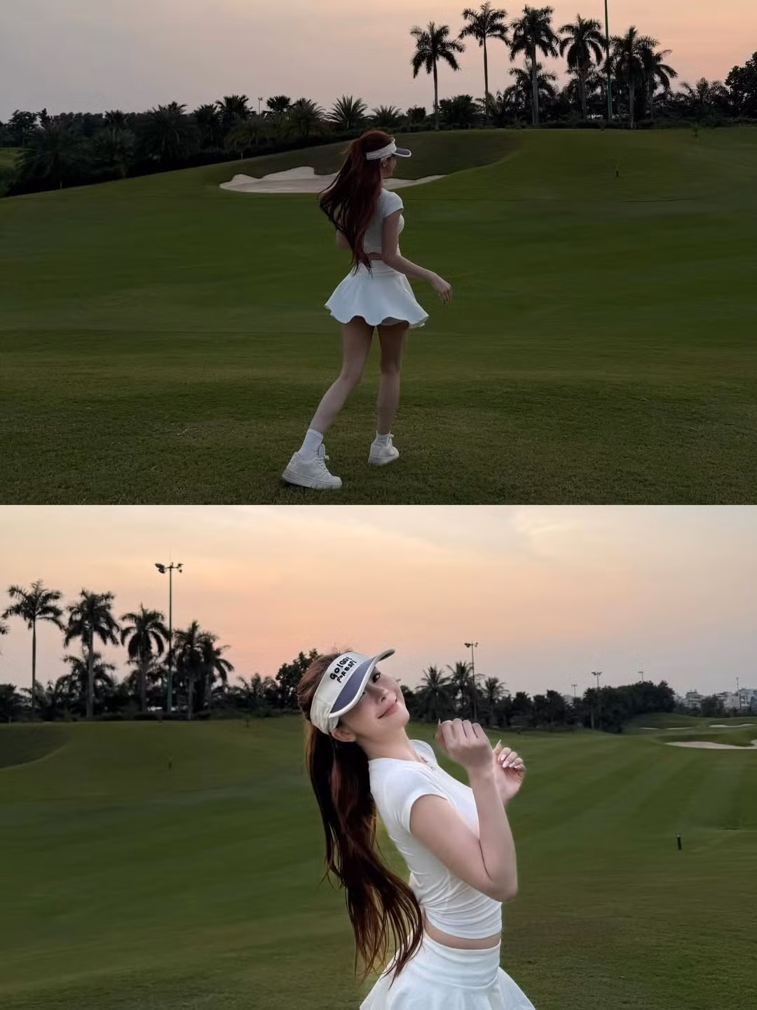 Trong loạt ảnh mới nhất, Hà Môi lựa chọn bộ trang phục golf tông trắng tinh khôi, tôn lên vóc dáng "vạn người mê" vốn là thương hiệu của cô. (Ảnh: IGNV)