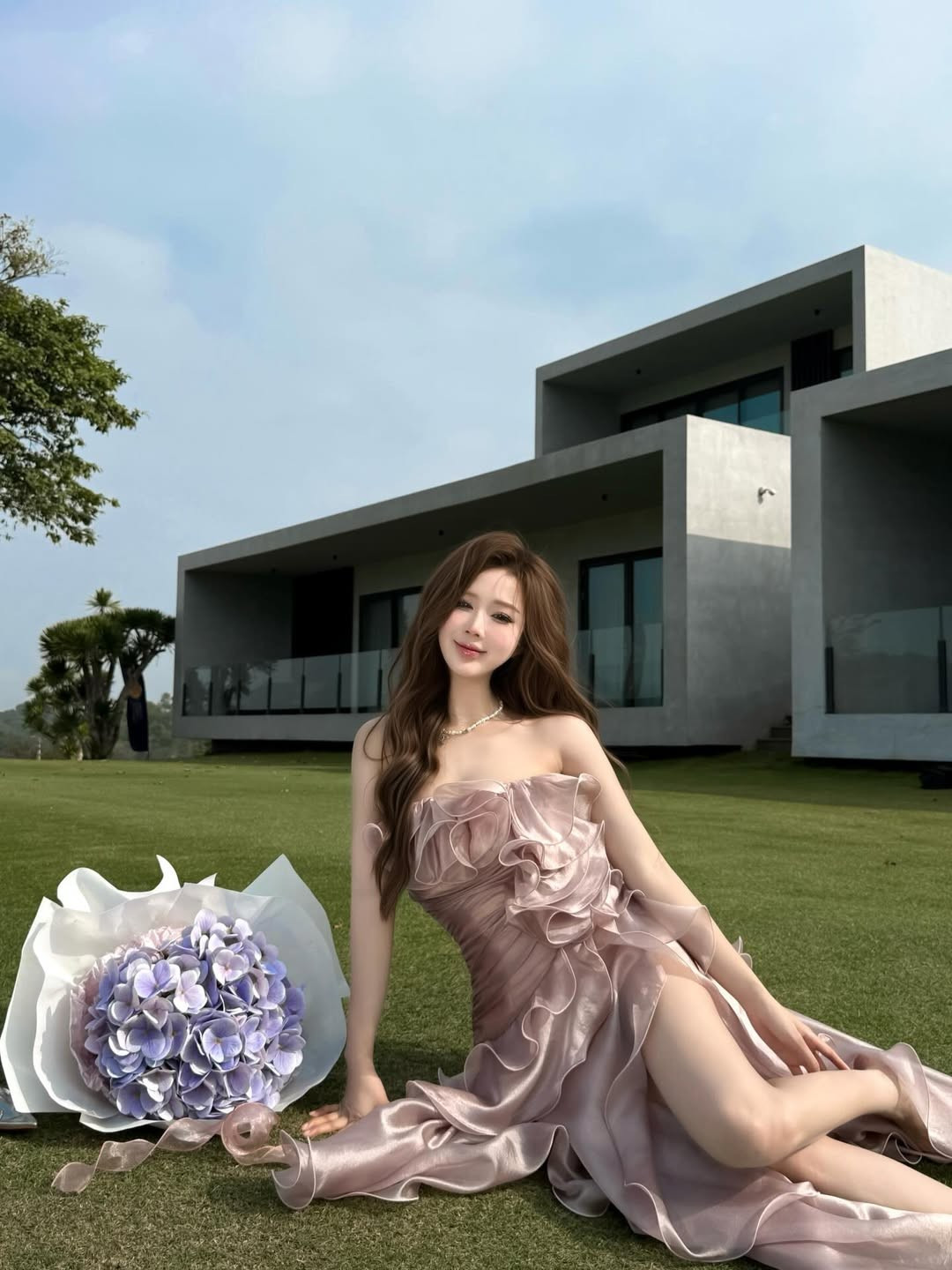 Sự xuất hiện của bó hoa cẩm tú cầu tím cùng tông màu với chiếc váy càng làm tăng thêm vẻ lãng mạn cho bộ ảnh. (Ảnh: IGNV)