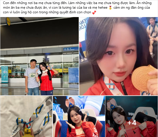 Nữ tuyển thủ đã đăng tải những hình ảnh rạng rỡ bên tấm huy chương quý giá cùng người cha thân yêu của mình. Đi kèm với đó là dòng trạng thái khiến nhiều người phải suy ngẫm: "Con đến những nơi ba mẹ chưa từng đến. Làm những việc ba mẹ chưa từng được làm. Ăn những món ăn ba mẹ chưa được ăn, vì con là tương lai của ba và mẹ... Cảm ơn người đàn ông của con vì luôn ủng hộ con trong những quyết định con chọn."(Ảnh: FBNV)