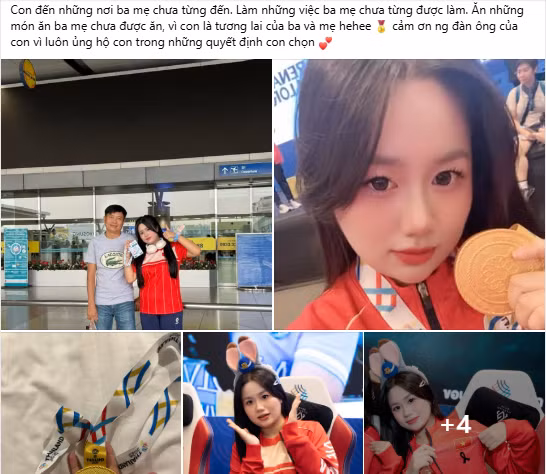 Nữ tuyển thủ đã đăng tải những hình ảnh rạng rỡ bên tấm huy chương quý giá cùng người cha thân yêu của mình. Đi kèm với đó là dòng trạng thái khiến nhiều người phải suy ngẫm: "Con đến những nơi ba mẹ chưa từng đến. Làm những việc ba mẹ chưa từng được làm. Ăn những món ăn ba mẹ chưa được ăn, vì con là tương lai của ba và mẹ... Cảm ơn người đàn ông của con vì luôn ủng hộ con trong những quyết định con chọn."(Ảnh: FBNV)