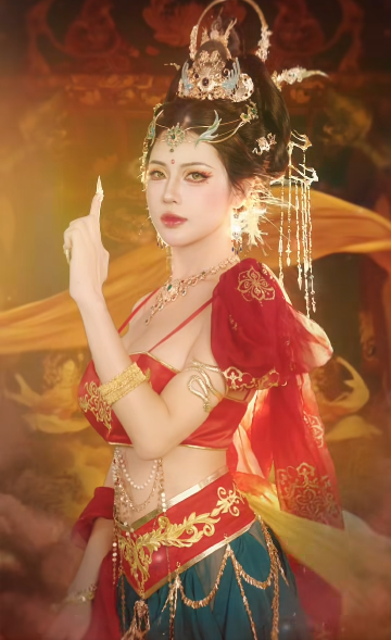 Đặc biệt, bộ trang sức và phụ kiện đội đầu lộng lẫy, từ vòng cổ, vòng tay cho đến mấn đội đầu, đều được chế tác tinh xảo, làm nổi bật khí chất vương giả, quyền lực của nhân vật.