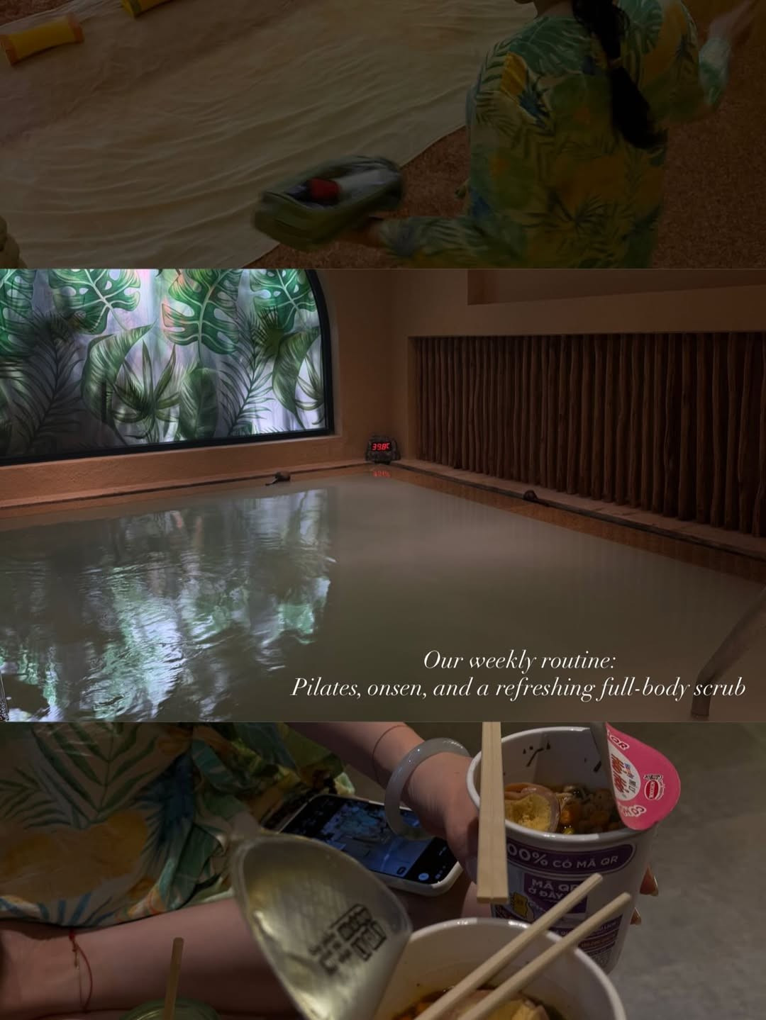 Trong một tấm hình, cô nàng cũng chia sẻ lịch trình đầy thư giãn hàng tuần của bản thân: "Our weekly routine: Pilates, onsen, and a refreshing full-body scrub" (Thói quen hàng tuần của chúng mình: Pilates, tắm khoáng onsen và tẩy tế bào chết toàn thân). (Ảnh: IGNV)