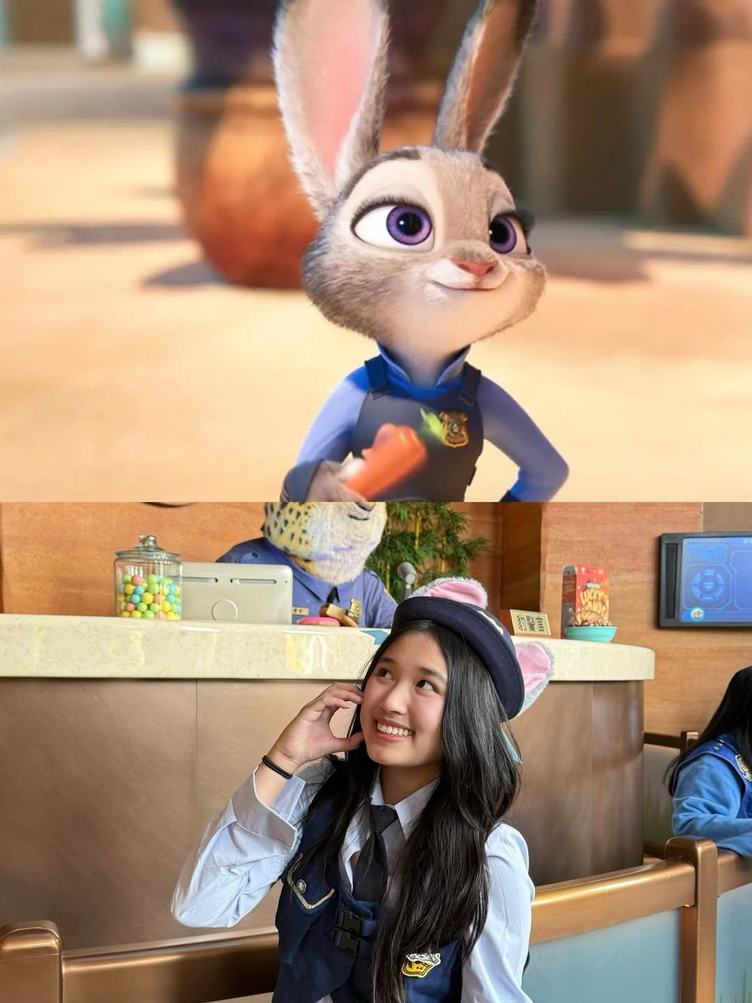 Đặc biệt, trong các bức ảnh chụp tại khu vực Zootopia Land với bối cảnh thành phố hiện đại và rực rỡ, Jenny Huỳnh còn cầm trên tay một chiếc "Pawsicle" khổng lồ màu đỏ tươi, một món ăn vặt trứ danh trong phim (do Nick Wilde bán). (Ảnh: IGNV)