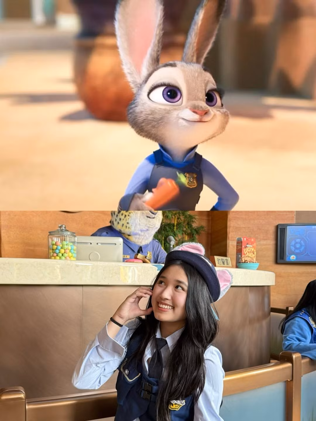Đặc biệt, trong các bức ảnh chụp tại khu vực Zootopia Land với bối cảnh thành phố hiện đại và rực rỡ, Jenny Huỳnh còn cầm trên tay một chiếc "Pawsicle" khổng lồ màu đỏ tươi, một món ăn vặt trứ danh trong phim (do Nick Wilde bán). (Ảnh: IGNV)