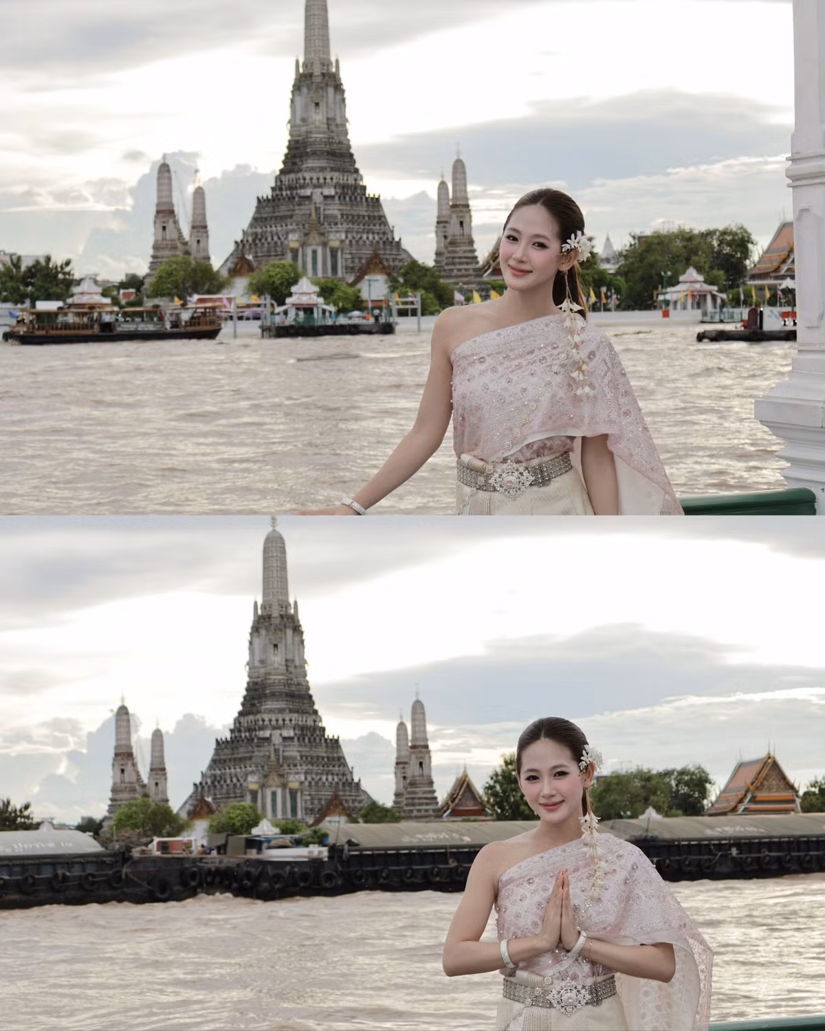 Từ khoảnh khắc cô xuất hiện bên bờ sông Chao Phraya với Chùa Wat Arun cổ kính phía sau, đến khi cô bước đi trên những con phố nhỏ của Bangkok, từng khung hình đều toát lên một vẻ đẹp vừa dịu dàng, vừa cuốn hút đến kỳ lạ. (Ảnh: FBNV)