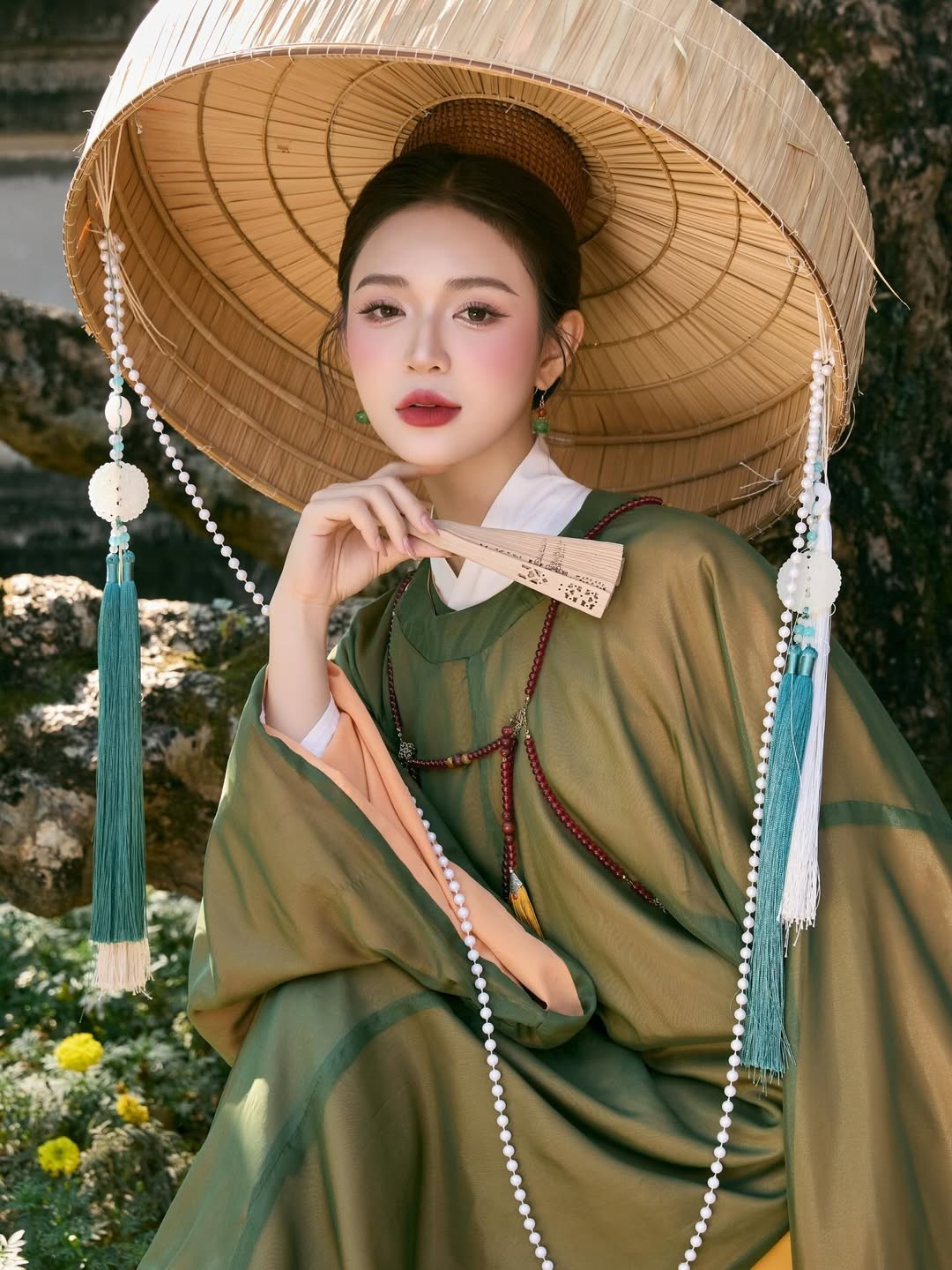 Khác với vẻ hiện đại thường ngày, Hoàng Yến chọn lối trang điểm nhấn vào đôi môi đỏ mận và hàng mi cong vút, làm nổi bật gương mặt thanh tú và ánh mắt biết nói. (Ảnh: IGNV)