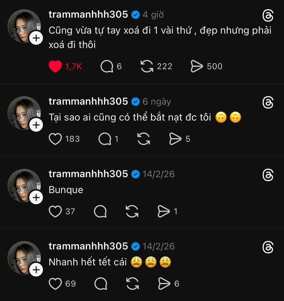 Trên nền tảng Threads, cô nàng cũng để lại những dòng chia sẻ gây hoang mang như: “Tại sao ai cũng có thể bắt nạt được tôi”. Những động thái dồn dập này khiến dư luận đặt dấu hỏi lớn về tình trạng hôn nhân của cặp đôi "vàng" showbiz, nhất là khi Trâm Anh đang ở những tháng cuối của thai kỳ lần thứ 3.