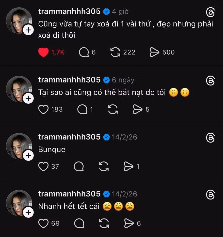 Trên nền tảng Threads, cô nàng cũng để lại những dòng chia sẻ gây hoang mang như: “Tại sao ai cũng có thể bắt nạt được tôi”. Những động thái dồn dập này khiến dư luận đặt dấu hỏi lớn về tình trạng hôn nhân của cặp đôi "vàng" showbiz, nhất là khi Trâm Anh đang ở những tháng cuối của thai kỳ lần thứ 3.