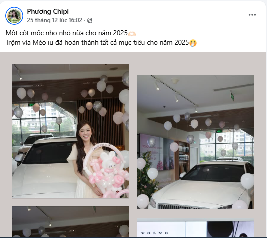 Việc sở hữu một chiếc xe có giá trị niêm yết hơn 2,3 tỷ đồng (chưa bao gồm chi phí lăn bánh) là minh chứng rõ nét cho sự nỗ lực và thành công của Mèo Trái Đất trong năm qua. 2025 có vẻ là một năm "đại thắng" với cô nàng khi không chỉ giữ vững sức hút trên các nền tảng mạng xã hội mà còn hiện thực hóa được những mục tiêu lớn của cuộc đời. (Ảnh: FBNV)