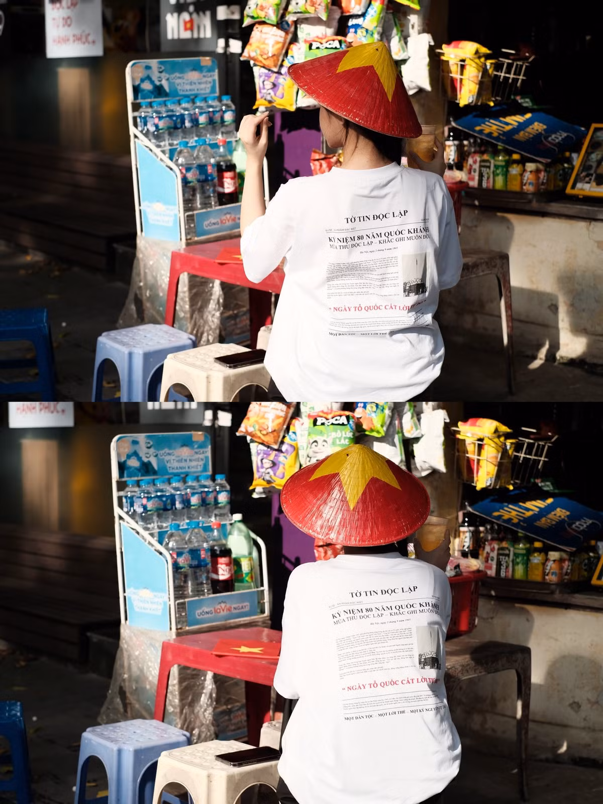 Hòa chung dòng người check-in với phố phường rực rỡ cờ hoa, TikToker nổi tiếng Quỳnh Trương đã thực hiện một bộ ảnh đầy cảm hứng, khoe vẻ đẹp trong trẻo và duyên dáng ngay giữa lòng thủ đô. (Ảnh: FBNV)