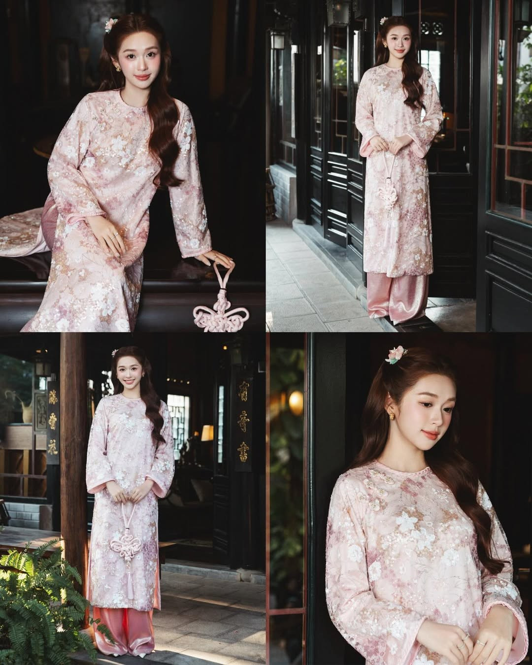 Mở đầu bộ ảnh, Karty Chang xuất hiện đầy quyền quý trong thiết kế áo dài gấm tông hồng pastel. Chất liệu gấm dày dặn kết hợp cùng họa tiết hoa in chìm tạo nên sự sang trọng, cổ điển. (Ảnh: IGNV)