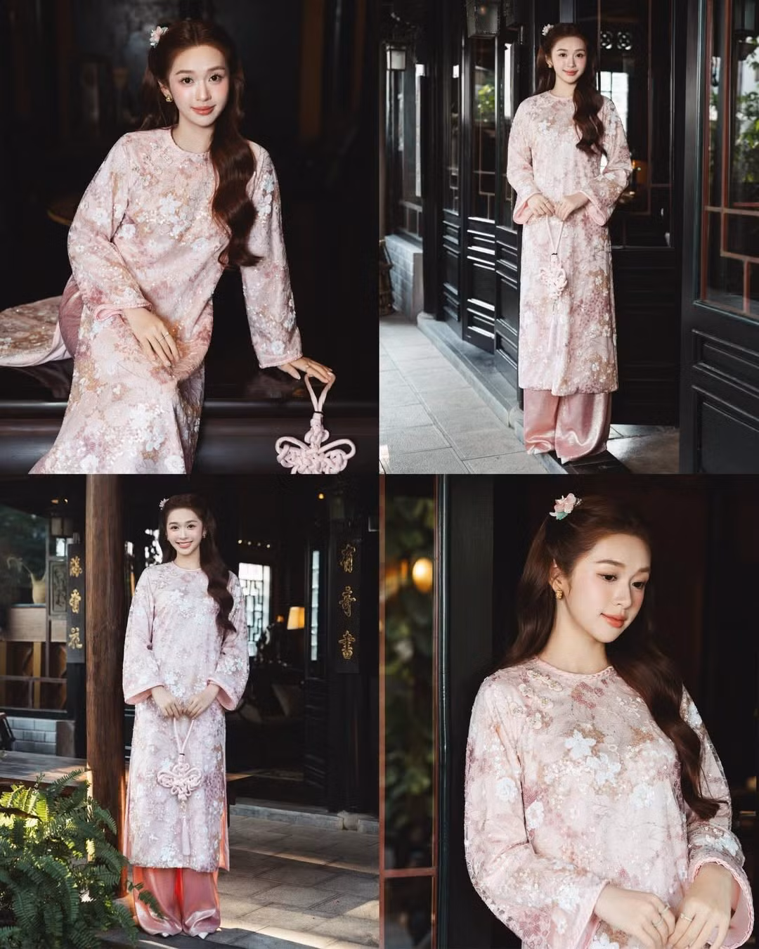 Mở đầu bộ ảnh, Karty Chang xuất hiện đầy quyền quý trong thiết kế áo dài gấm tông hồng pastel. Chất liệu gấm dày dặn kết hợp cùng họa tiết hoa in chìm tạo nên sự sang trọng, cổ điển. (Ảnh: IGNV)