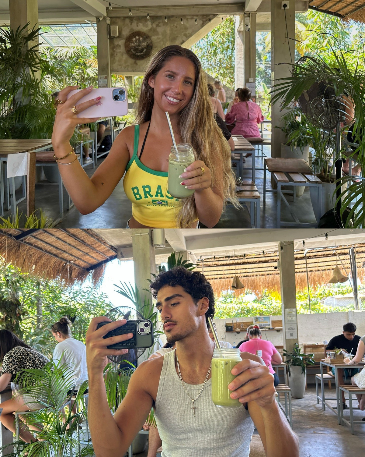 Bên cạnh những thắng cảnh, cặp đôi còn dành sự ưu ái cho ẩm thực Việt với hình ảnh thưởng thức món bún/phở một cách sành sỏi bằng đũa hay nhâm nhi ly những thức uống thơm ngon trong một không gian ngập tràn cây xanh. (Ảnh: IG @kamal_khrr)