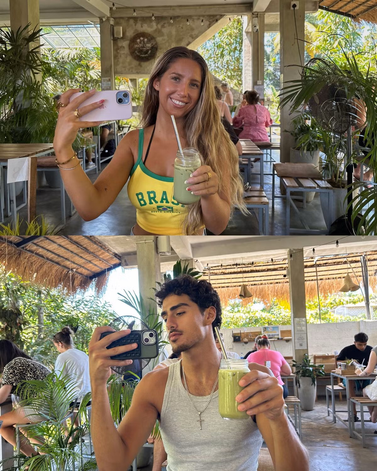 Bên cạnh những thắng cảnh, cặp đôi còn dành sự ưu ái cho ẩm thực Việt với hình ảnh thưởng thức món bún/phở một cách sành sỏi bằng đũa hay nhâm nhi ly những thức uống thơm ngon trong một không gian ngập tràn cây xanh. (Ảnh: IG @kamal_khrr)