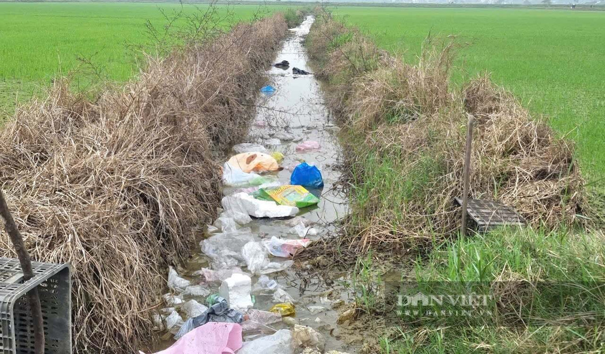 Rác thải ngập kênh mương tưới tiêu tại thôn Lũ Phong, xã Vũ Dương. Ảnh: Vũ Thượng