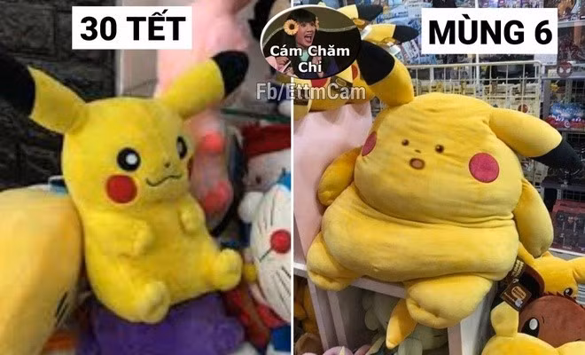 Sự thay đổi nhan sắc từ 30 Tết sang mùng 6 khiến chính chủ cũng không nhận ra mình. Từ một "hot boy, hot girl" thon gọn, chúng ta bỗng hóa thân thành phiên bản Pikachu "nặng đô", tròn ủng và đầy vẻ cam chịu. (Ảnh: Cám chăm chỉ)