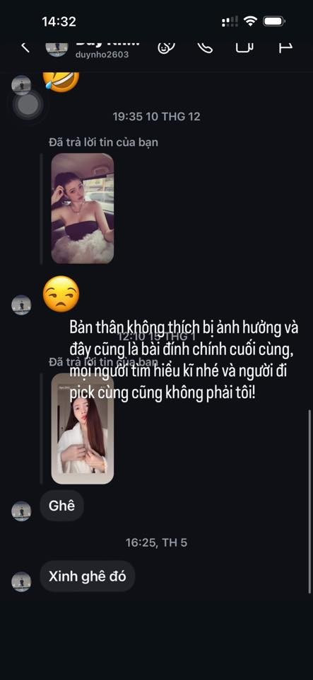 Đáng chú ý hơn, Phương Nhi còn tung bằng chứng là đoạn clip quay màn hình tin nhắn Instagram. Trong đó, Duy Nhỏ liên tục phản hồi story của cô từ tháng 12 đến nay với các lời khen như "Xinh ghê đó", "Ghê". Tuy nhiên, ở phía ngược lại, Phương Nhi hoàn toàn giữ im lặng, không hề đáp lại bất kỳ tin nhắn nào. (Ảnh: IG @hyn.203_)