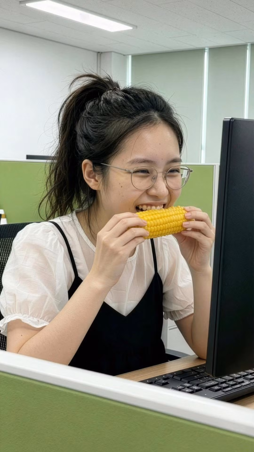 Tóc thì được búi vội, buộc cao cho gọn để... dễ chạy deadline, đôi khi hơi bù xù vì vừa phải vò đầu bứt tai tìm ý tưởng.