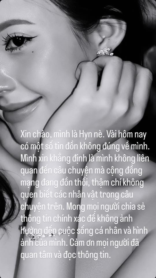 Mới đây, Phương Nhi đã có những phản hồi trực tiếp trên trang cá nhân: "Mình xin khẳng định là mình không liên quan đến câu chuyện mà cộng đồng mạng đang đồn thổi, thậm chí không quen biết các nhân vật trong câu chuyện trên." (Ảnh: IG @hyn.203_)