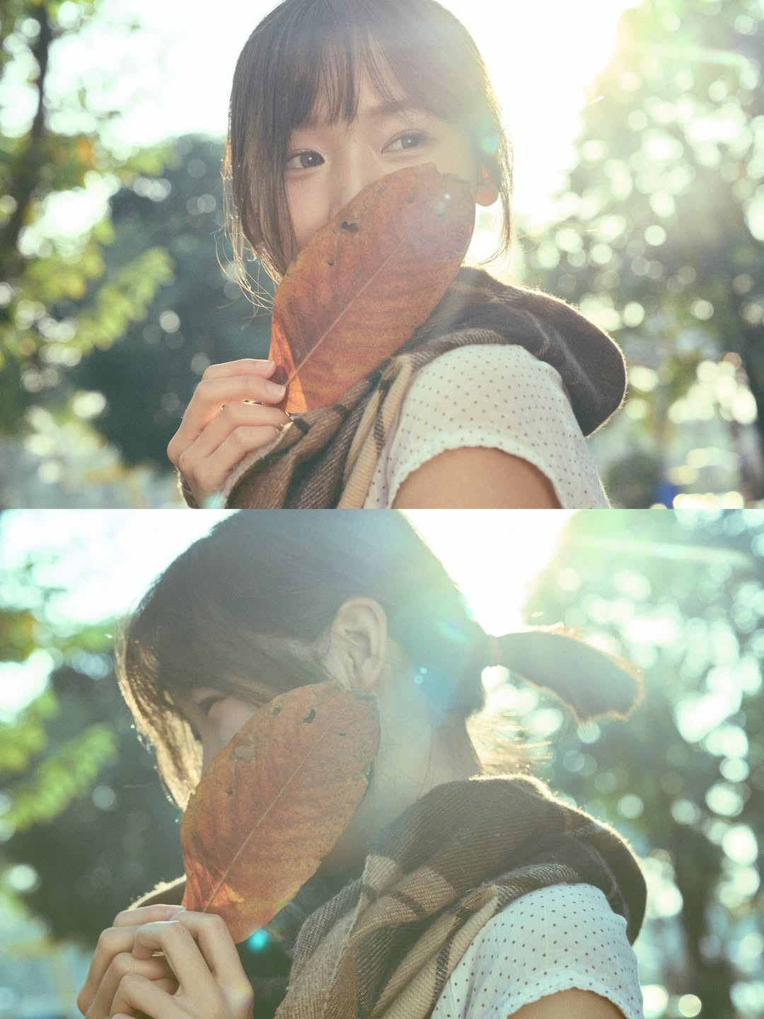 Dưới ống kính máy ảnh, gương mặt của Meichan toát lên vẻ thanh tú, tự nhiên với làn da mịn màng và đôi mắt biết cười. Cách cô nàng tương tác với ánh nắng, hay lúc ngại ngùng che mặt sau chiếc lá khô, chiếc khăn len tạo nên những khoảnh khắc vừa thơ mộng, vừa gần gũi. (Ảnh: IGNV)