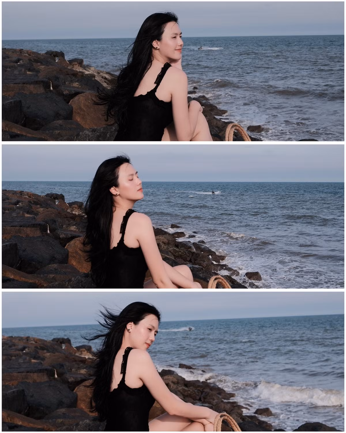 Trong ảnh, Tố Uyên lựa chọn thiết kế liền mảnh màu đen với phong cách cổ điển, điểm xuyết bèo nhún tinh tế ở phần vai và eo - vừa kín đáo vừa nữ tính. Swimsuit một mảnh giúp Tố Uyên khéo léo khoe làn da trắng mịn không tì vết cùng vóc dáng cân đối.