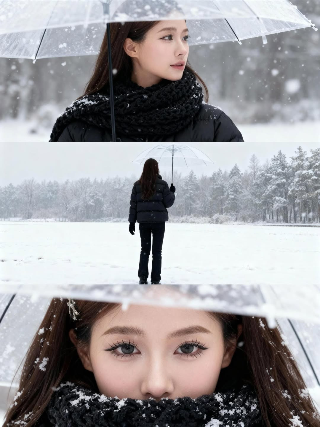 Những bức ảnh này có tông màu lạnh, ánh sáng mờ ảo và hạt tuyết rơi cực kỳ tự nhiên, mang đậm chất điện ảnh. Nhiều người còn tạo ra những bộ ảnh "3 khung hình tâm trạng" trông không khác gì poster phim ngôn tình.