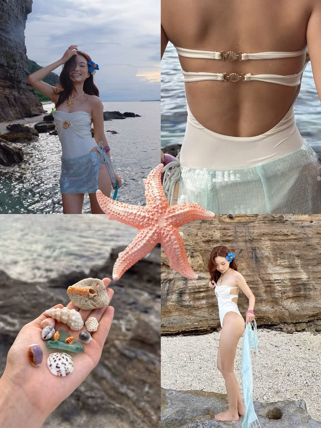 Loạt ảnh còn đặc biệt thu hút sự chú ý khi Chai Chanh khoe bàn tay đựng đầy vỏ ốc, vỏ sò và những mảnh thủy tinh biển lấp lánh, cùng với hình ảnh một con sao biển màu hồng, càng nhấn mạnh concept "nàng tiên cá" mà cô hướng đến.