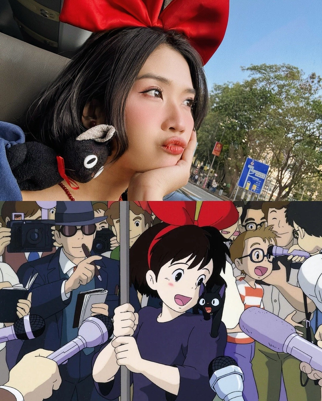 Cô nàng diện chiếc váy màu xanh navy đặc trưng, với phần tay bồng nhẹ nhàng, kết hợp cùng chiếc nơ to bản màu đỏ buộc tóc - điểm nhấn thương hiệu của Kiki. (Ảnh: FBNV)