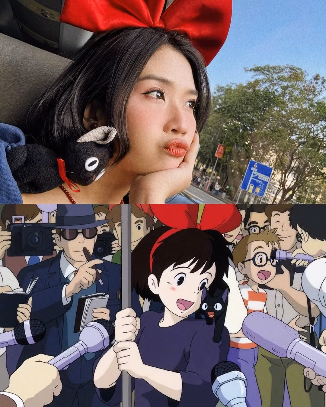 Cô nàng diện chiếc váy màu xanh navy đặc trưng, với phần tay bồng nhẹ nhàng, kết hợp cùng chiếc nơ to bản màu đỏ buộc tóc - điểm nhấn thương hiệu của Kiki. (Ảnh: FBNV)